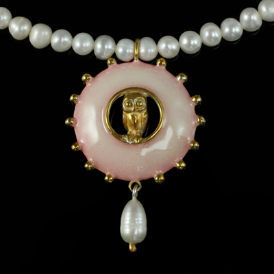 Schmuck von der Bey, Halskette Große Eulenlinse, 935 Silber, teilvergoldet und -koloriert, Perlen