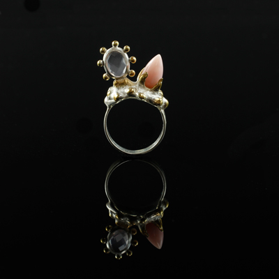 Schmuck von der Bey, 2er-Ring Rosa, 935 Silber, teilvergoldet, Pinkopal und Rosa Quarz