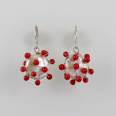 Schmuck von der Bey, Ohrringe Korallennetz, 935 Silber, Perle, Koralle