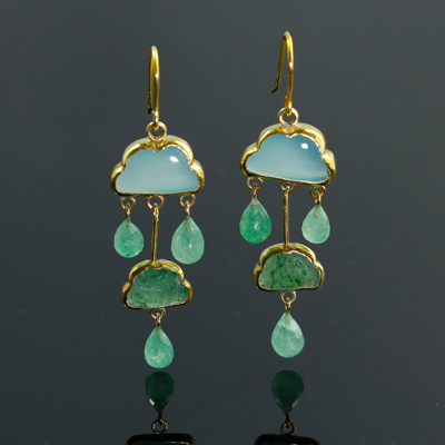 Schmuck von der Bey, Wolkenohrringe, 935 Silber, vergoldet, Chalcedon, Erdbeerquarz